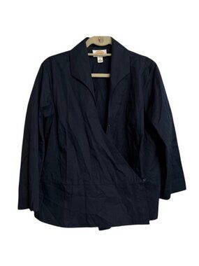Talbots Wrap Blouse Womens Navy Blue Side Button Long Sleeve Cotton Size 16